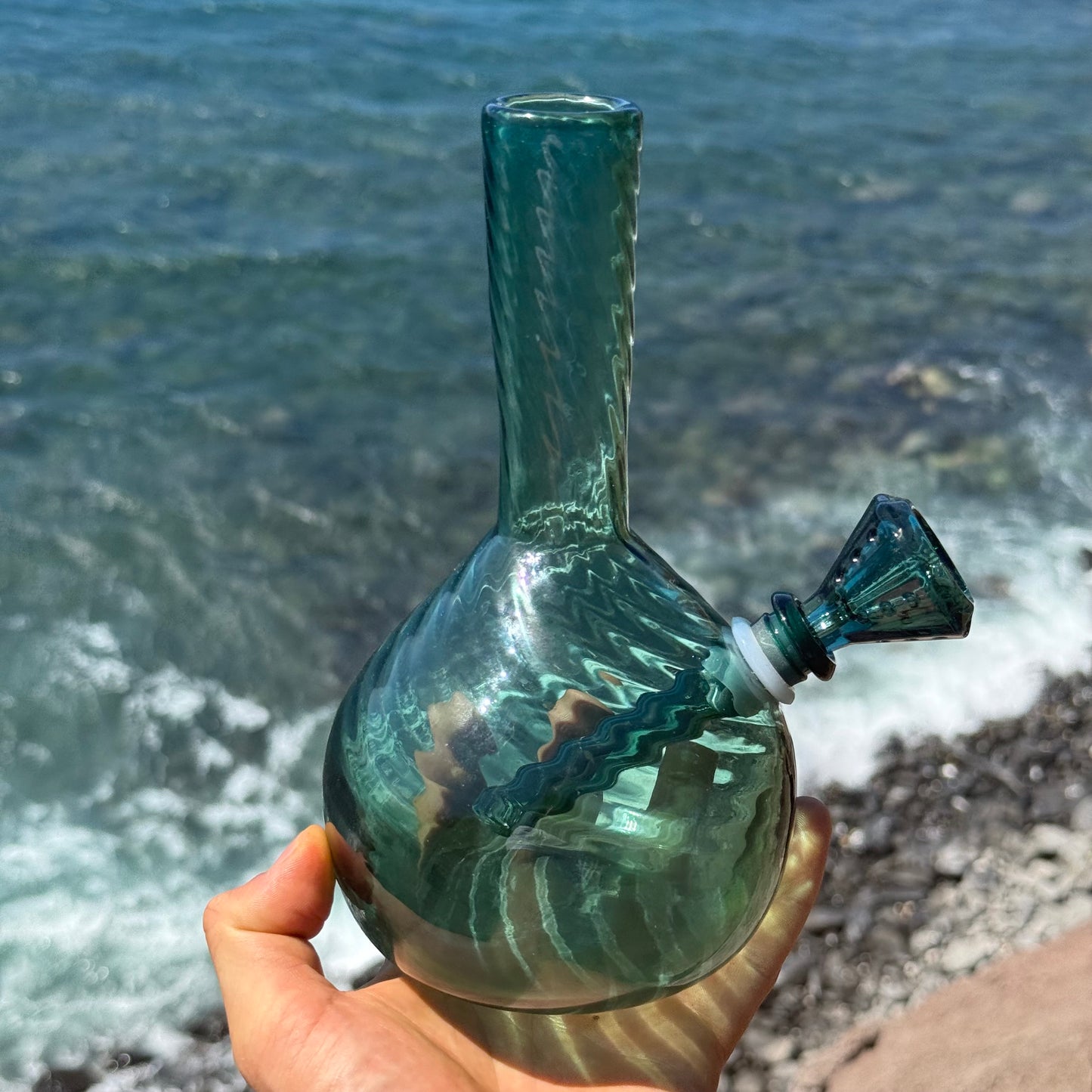 “Teal Totality” Vintage Handblown Teal Glass Swirl Vase Bong