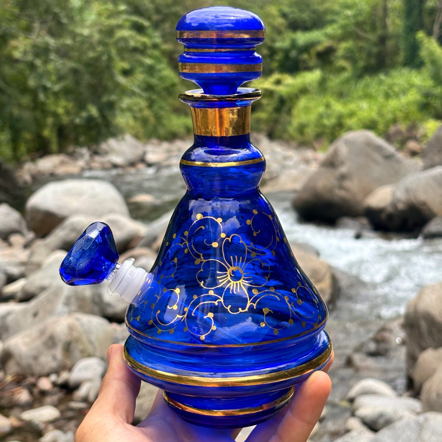 “Cobalt Luminescence” Vintage Handblown Gilded Cobalt Glass Bong