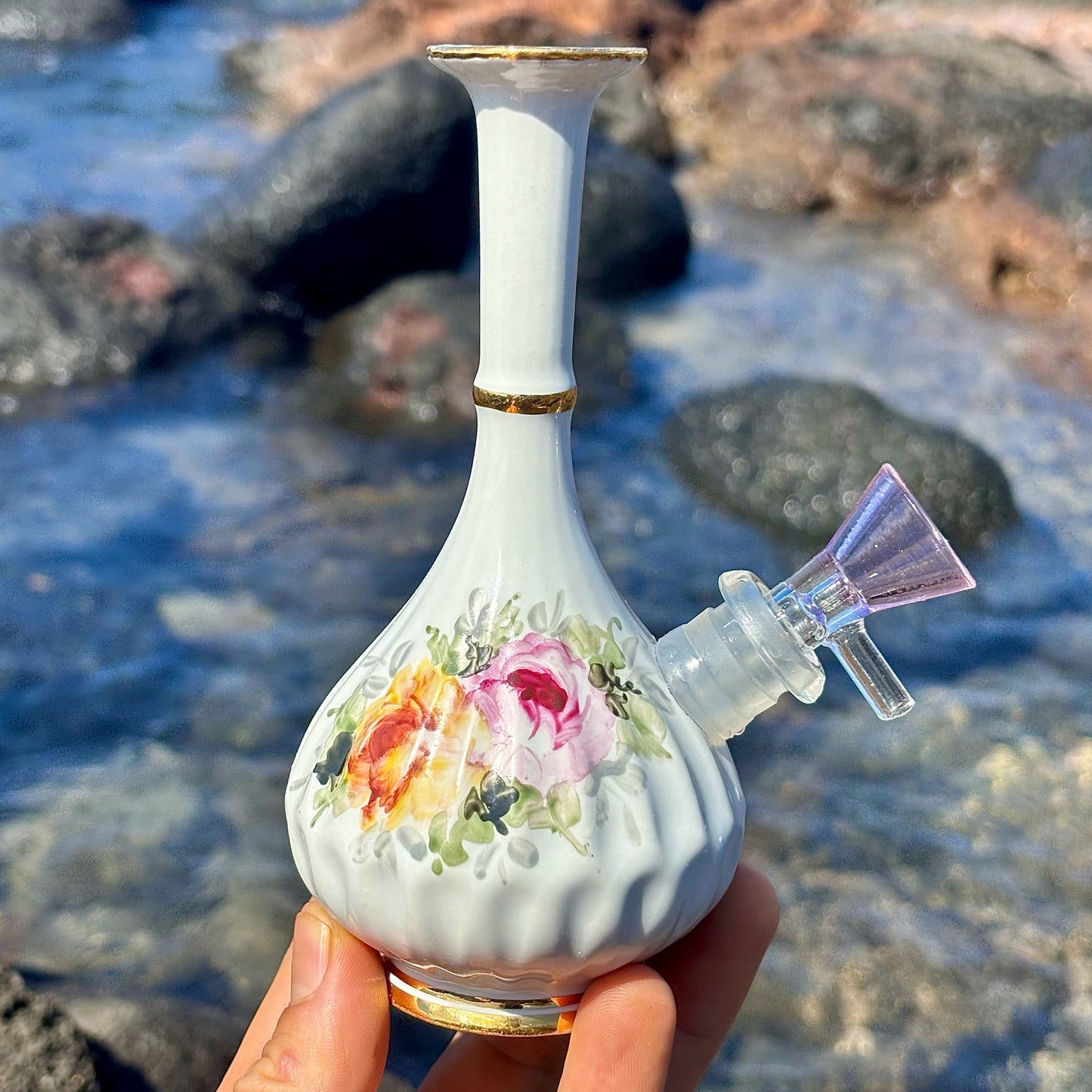 “Petite Pansy” Vintage Upcycled Ceramic Vase Bong with Gilded Details