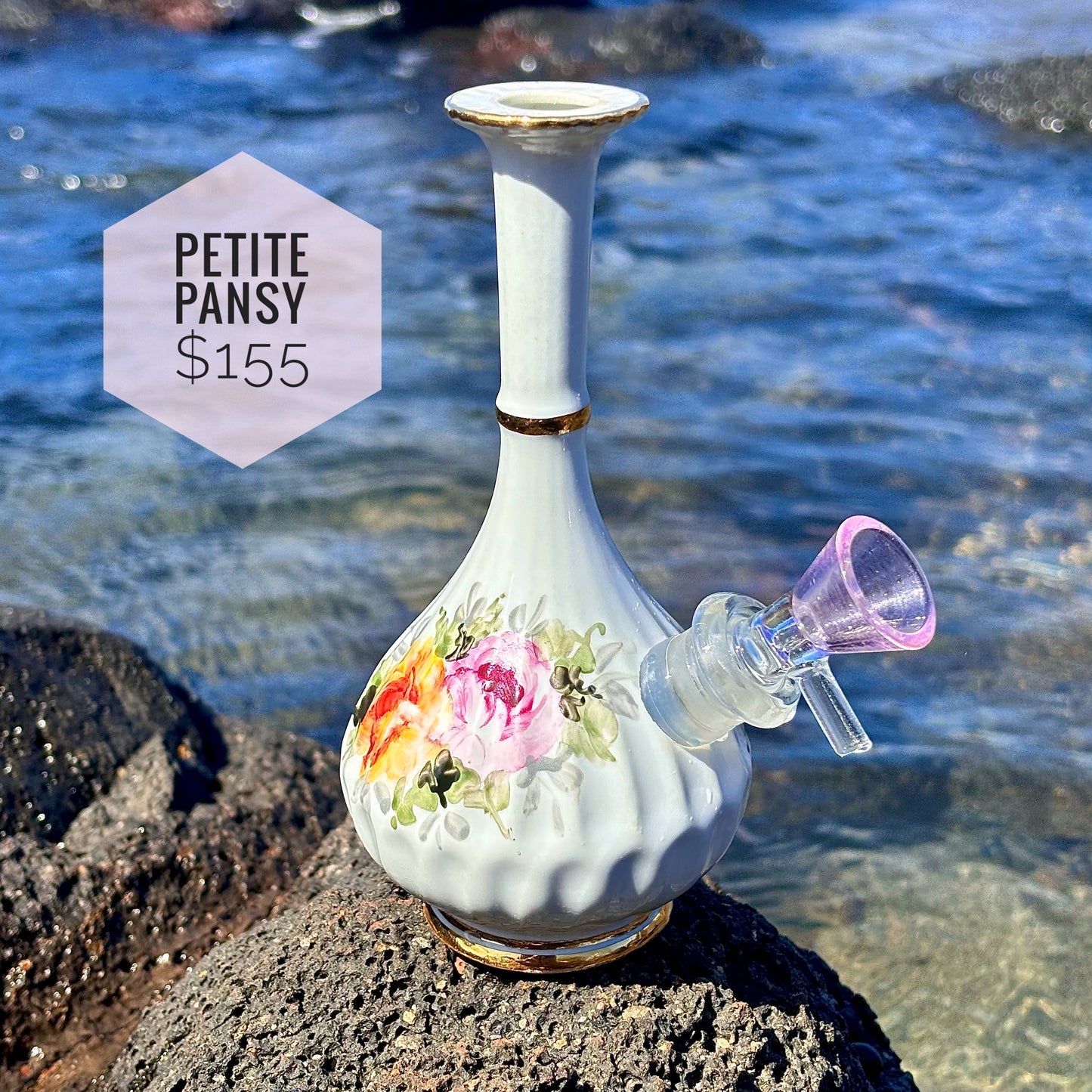 “Petite Pansy” Vintage Upcycled Ceramic Vase Bong with Gilded Details