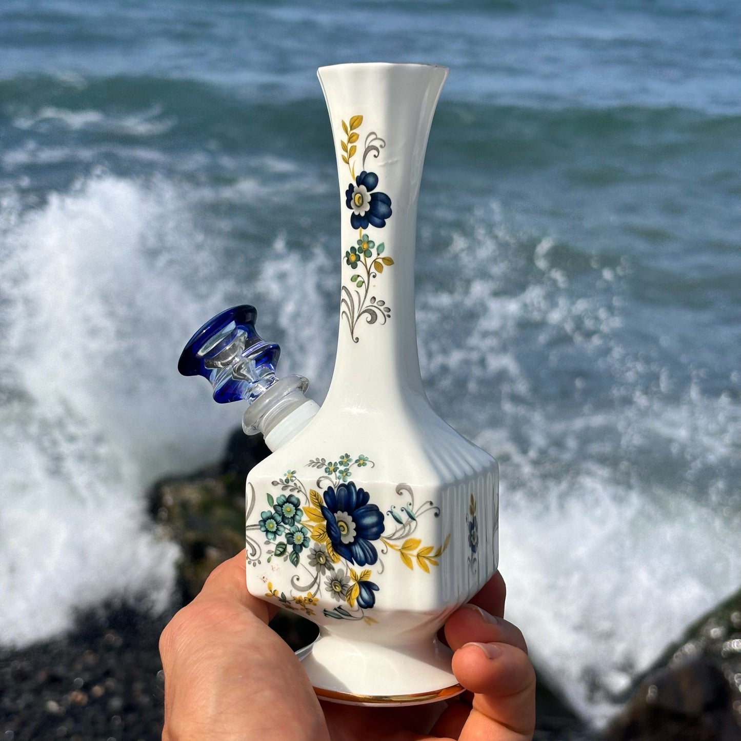 "Cobalt Cornflower" Vintage China Upcycled Vase Bong with Gilded Details