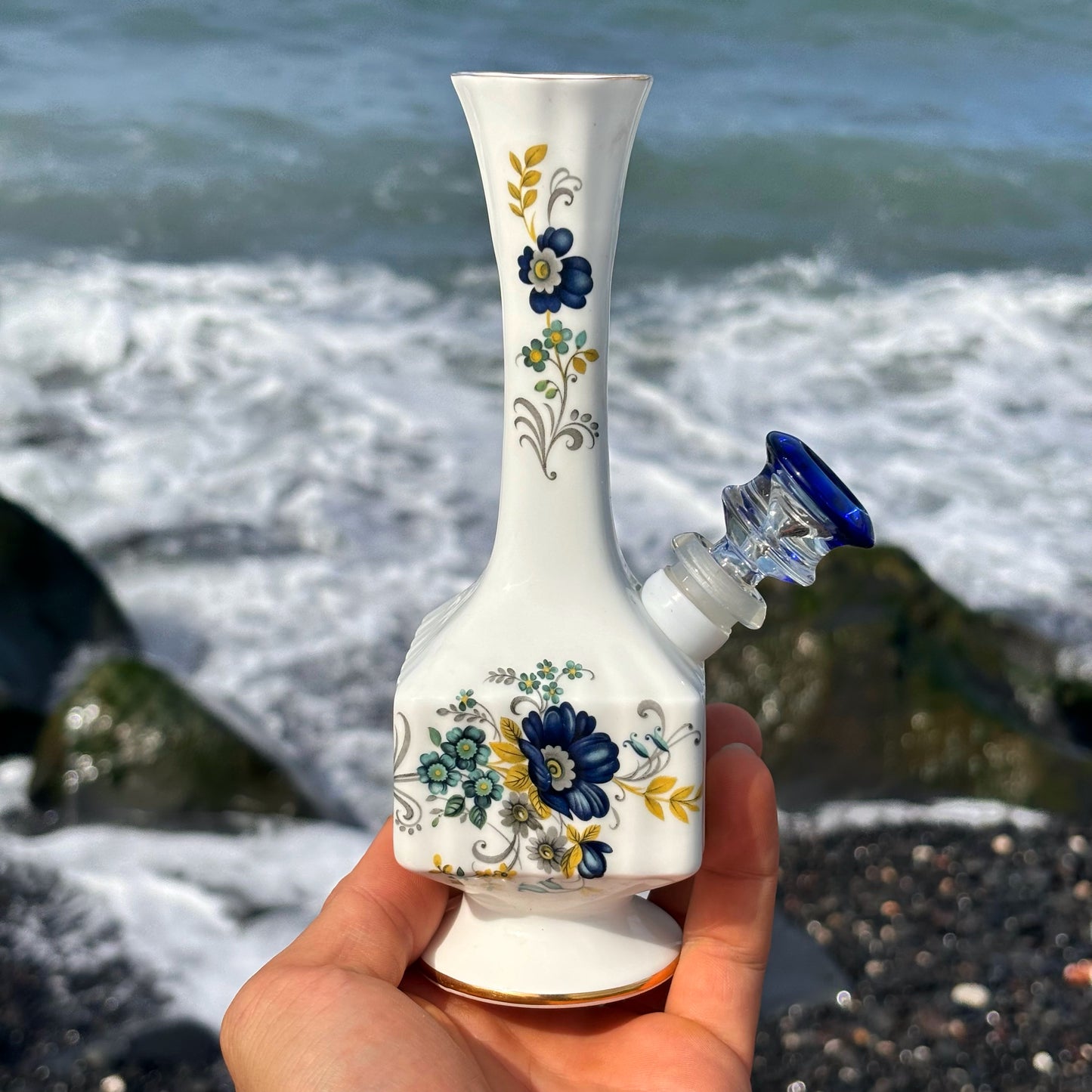 "Cobalt Cornflower" Vintage China Upcycled Vase Bong with Gilded Details