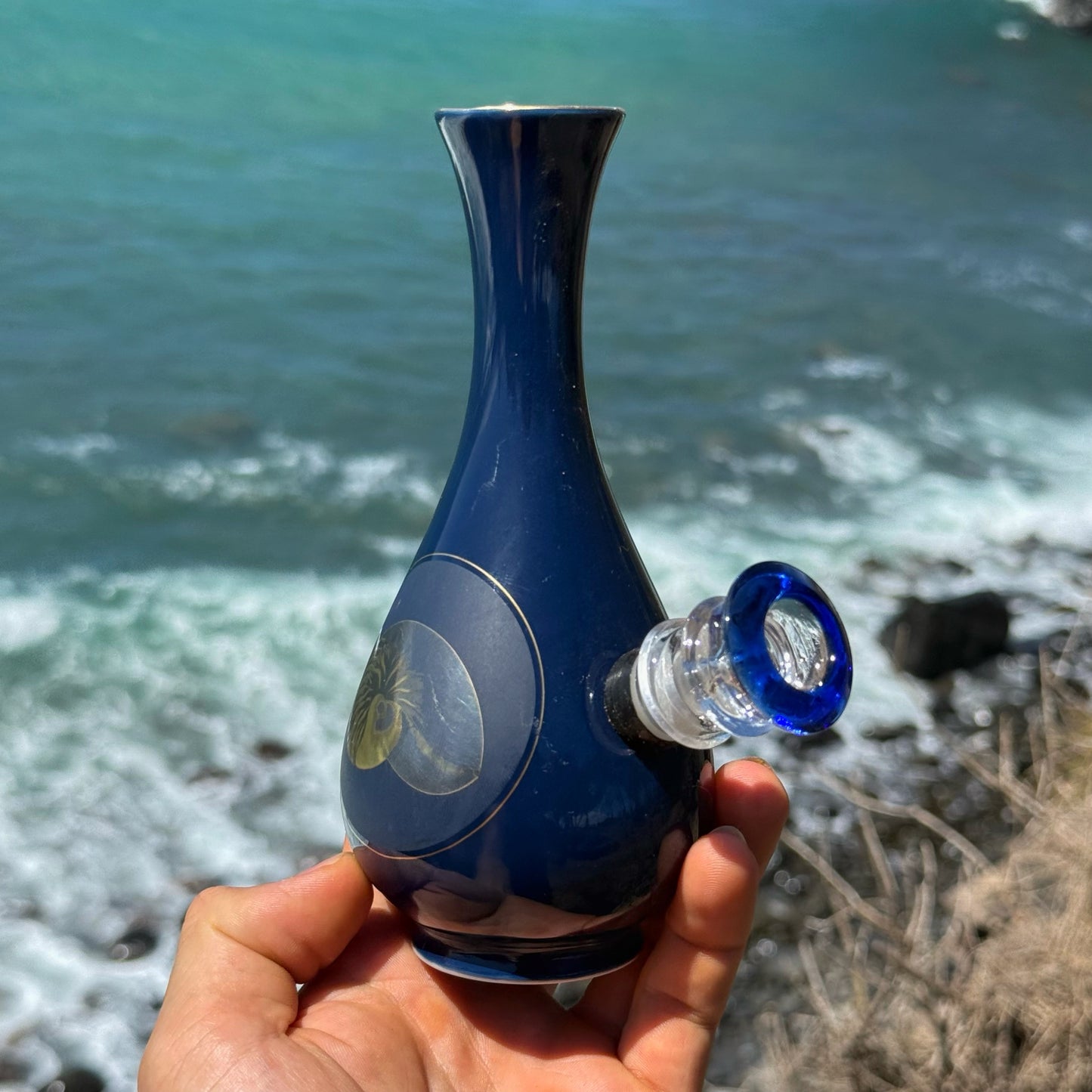 Vintage Ceramic Vase Bong “Cobalt Nautilus”