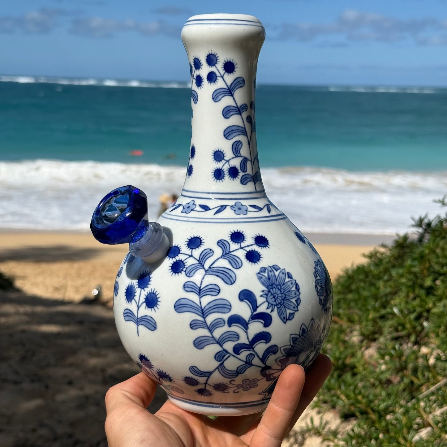 “Azure Omnipotence” Vintage Upcycled Porcelain Ceramic Vase Bong
