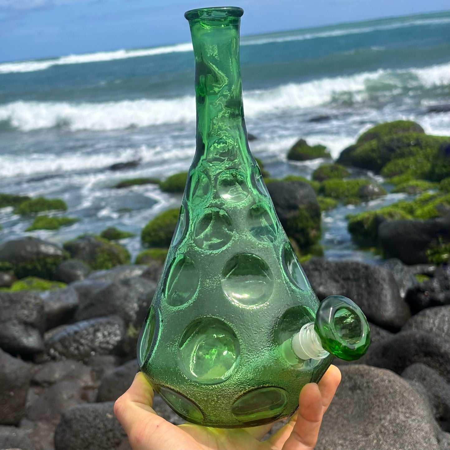 “Dimpled Decanter” Vintage Upcycled Emerald Glass Decanter Bong