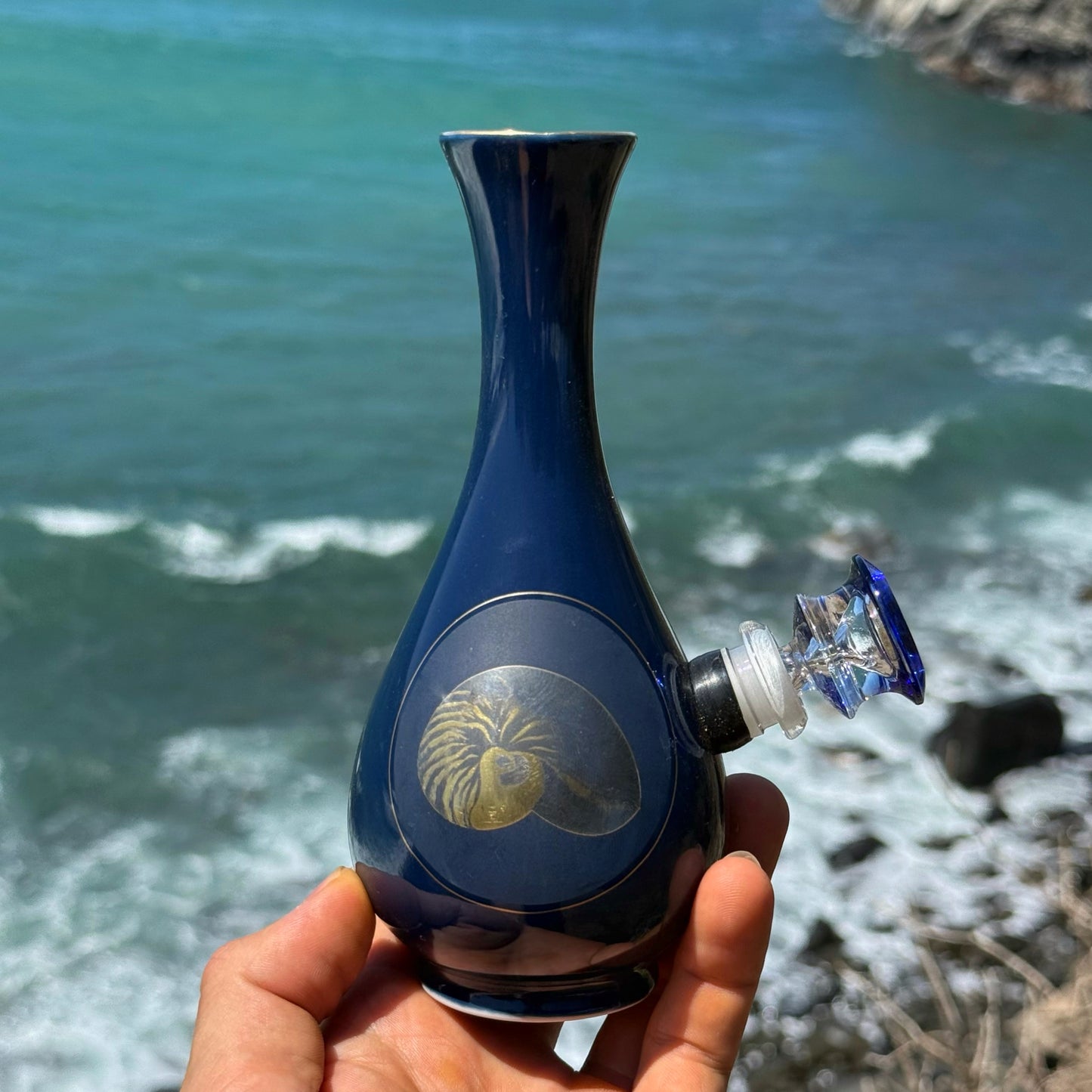 Vintage Ceramic Vase Bong “Cobalt Nautilus”