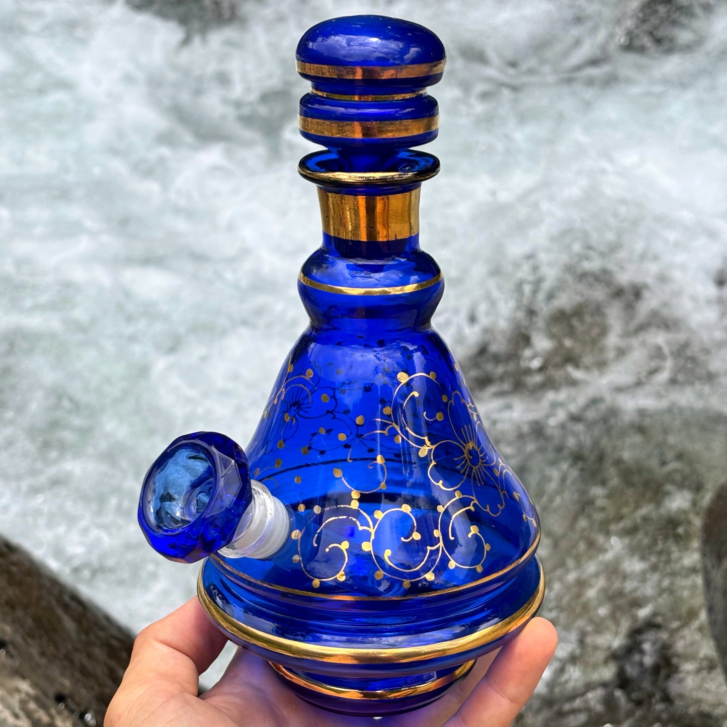 “Cobalt Luminescence” Vintage Handblown Gilded Cobalt Glass Bong