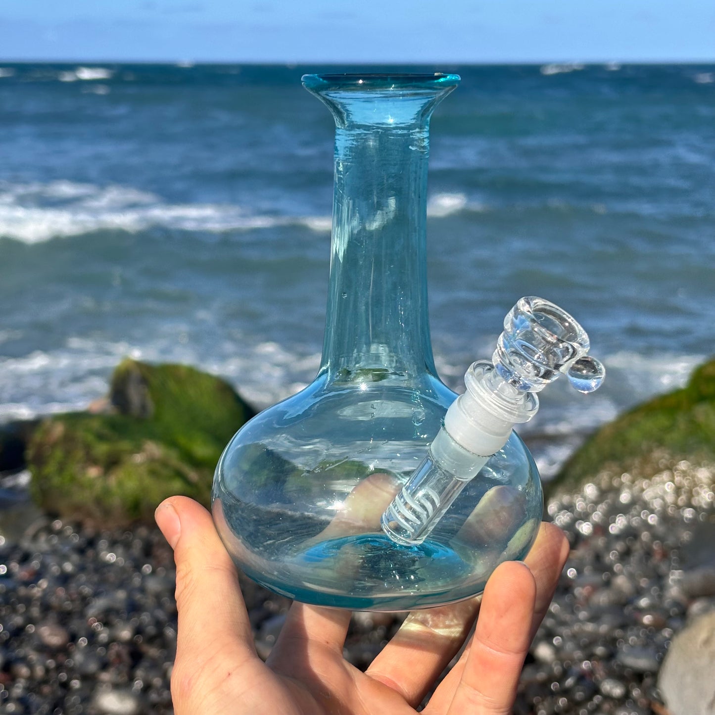 “Aquamarine Allure” Vintage Upcycled Handblown Glass Vase Bong