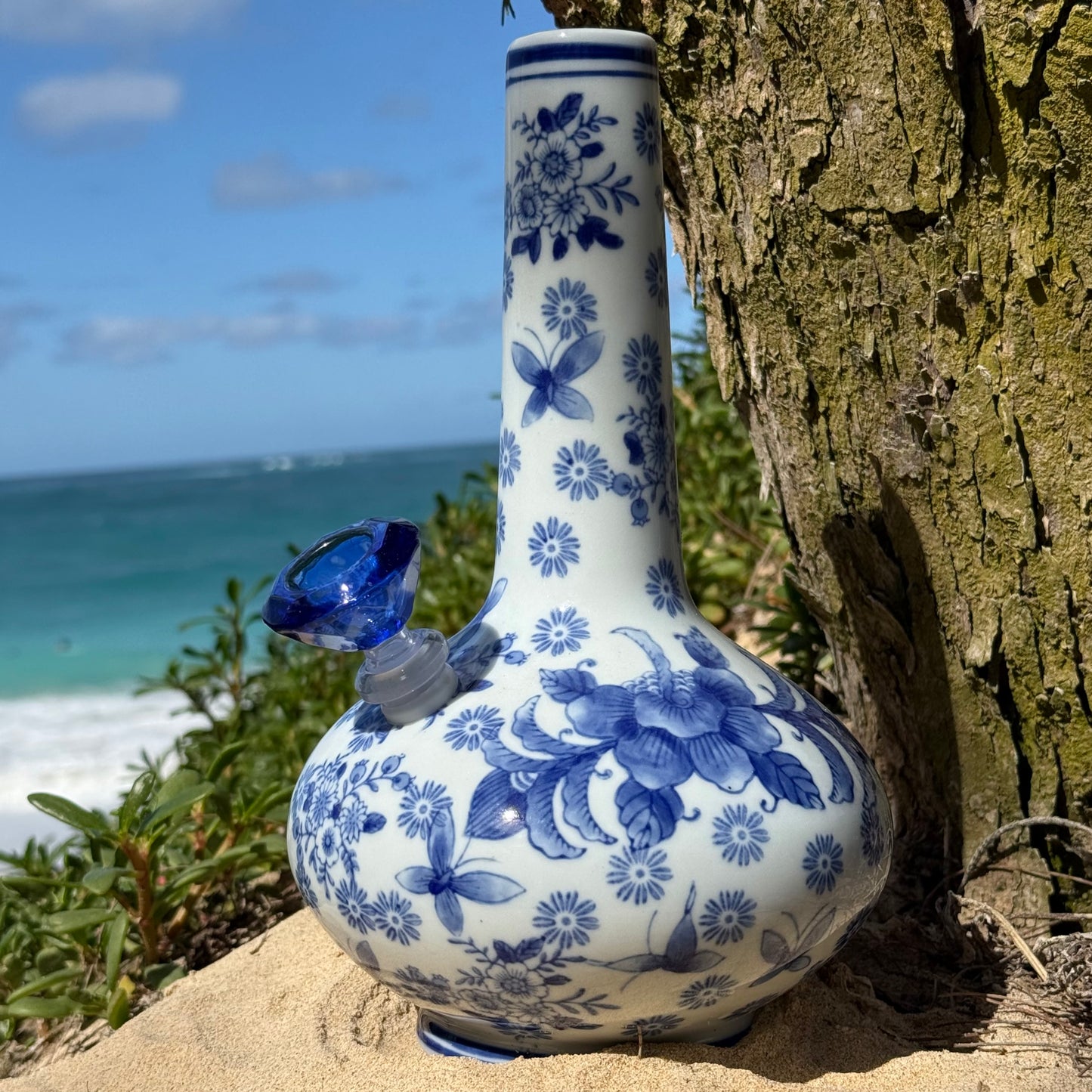 “Azure Ascension” Vintage Upcycled Porcelain Ceramic Vase Bong