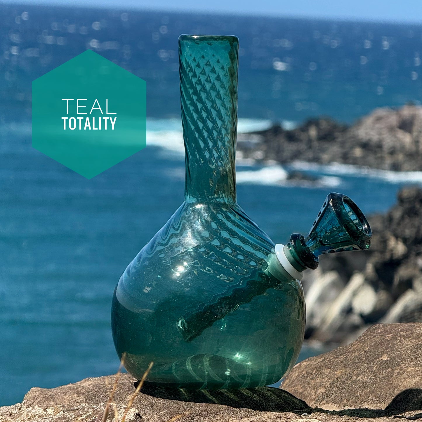 “Teal Totality” Vintage Handblown Teal Glass Swirl Vase Bong