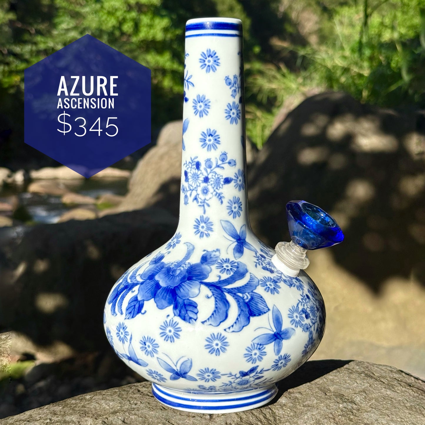 “Azure Ascension” Vintage Upcycled Porcelain Ceramic Vase Bong