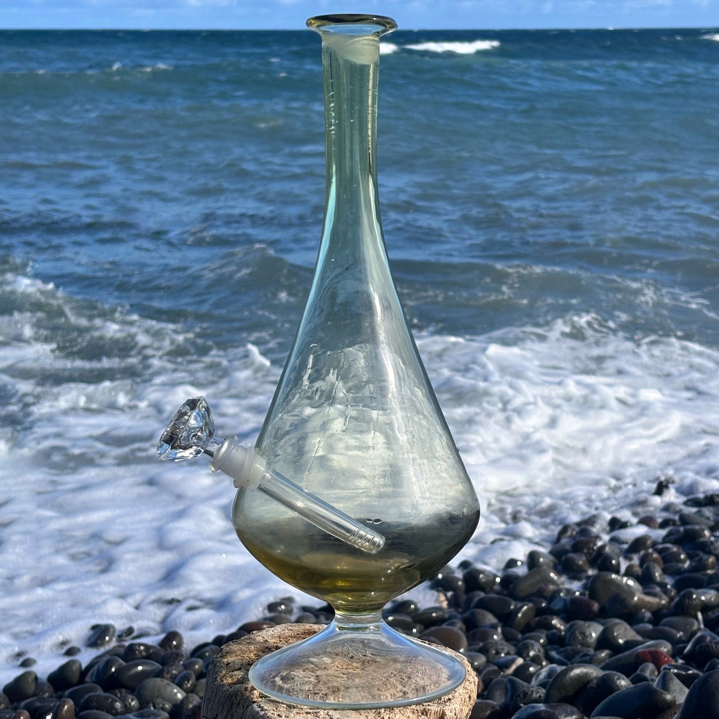 “Peridot Pedestal” Vintage Upcycled Handblown Glass Decanter Bong