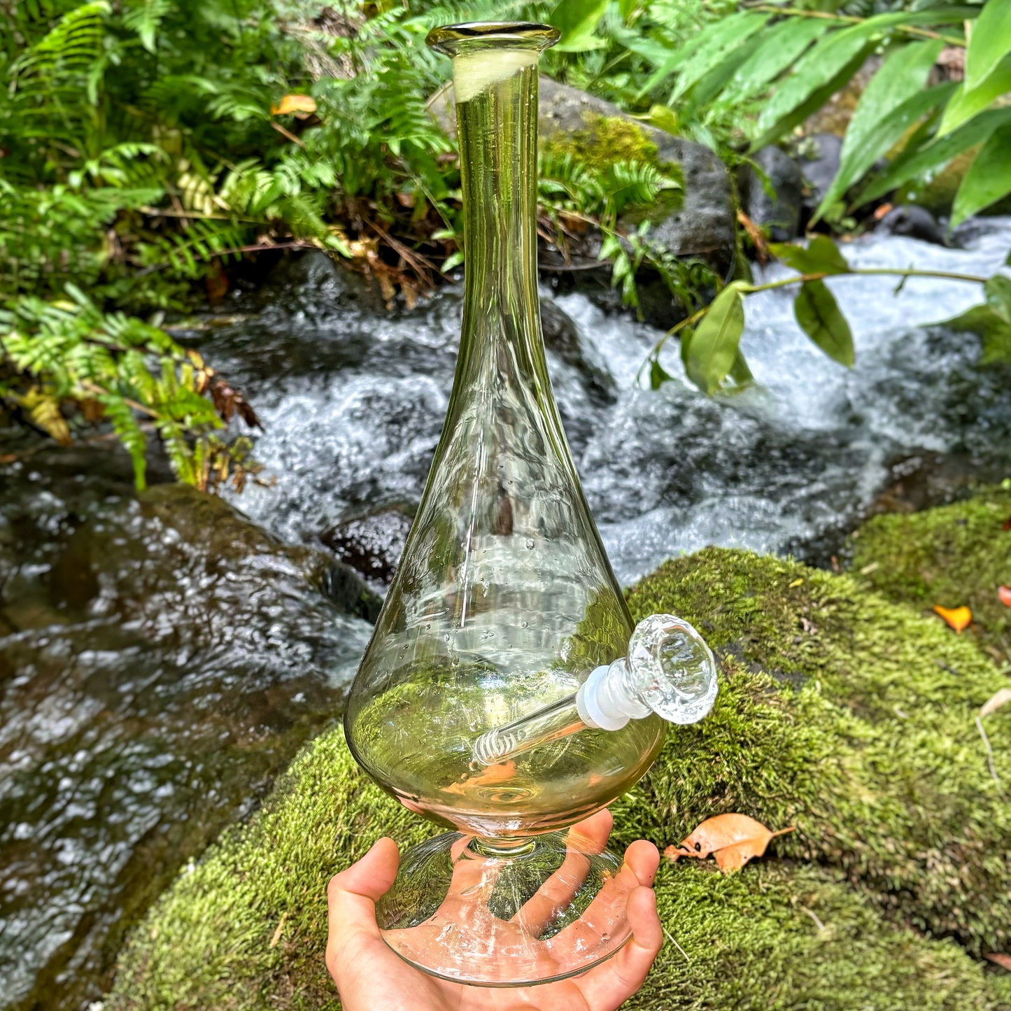 “Peridot Pedestal” Vintage Upcycled Handblown Glass Decanter Bong