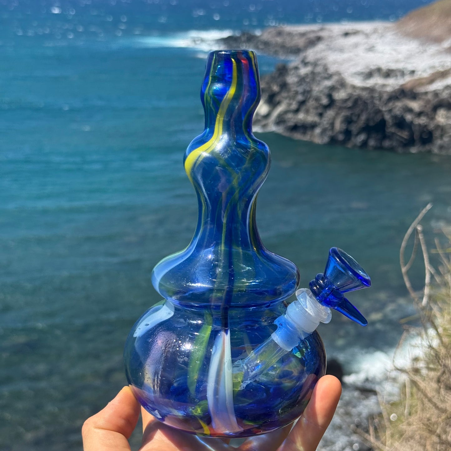 “Cobalt Mosaic” Vintage Upcycled Confetti Glass Vase Bong