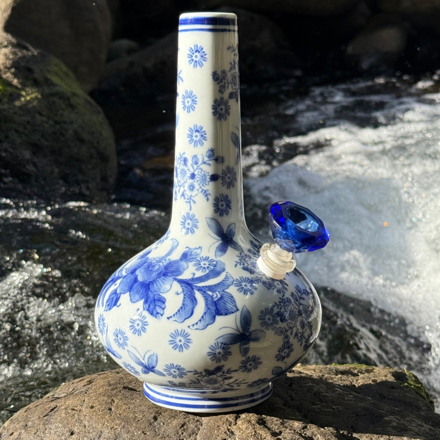 “Azure Ascension” Vintage Upcycled Porcelain Ceramic Vase Bong