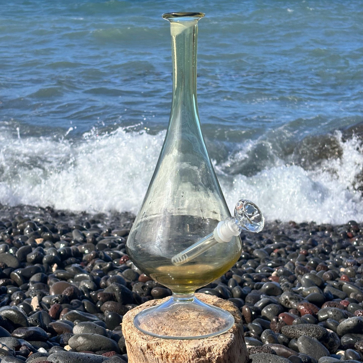“Peridot Pedestal” Vintage Upcycled Handblown Glass Decanter Bong