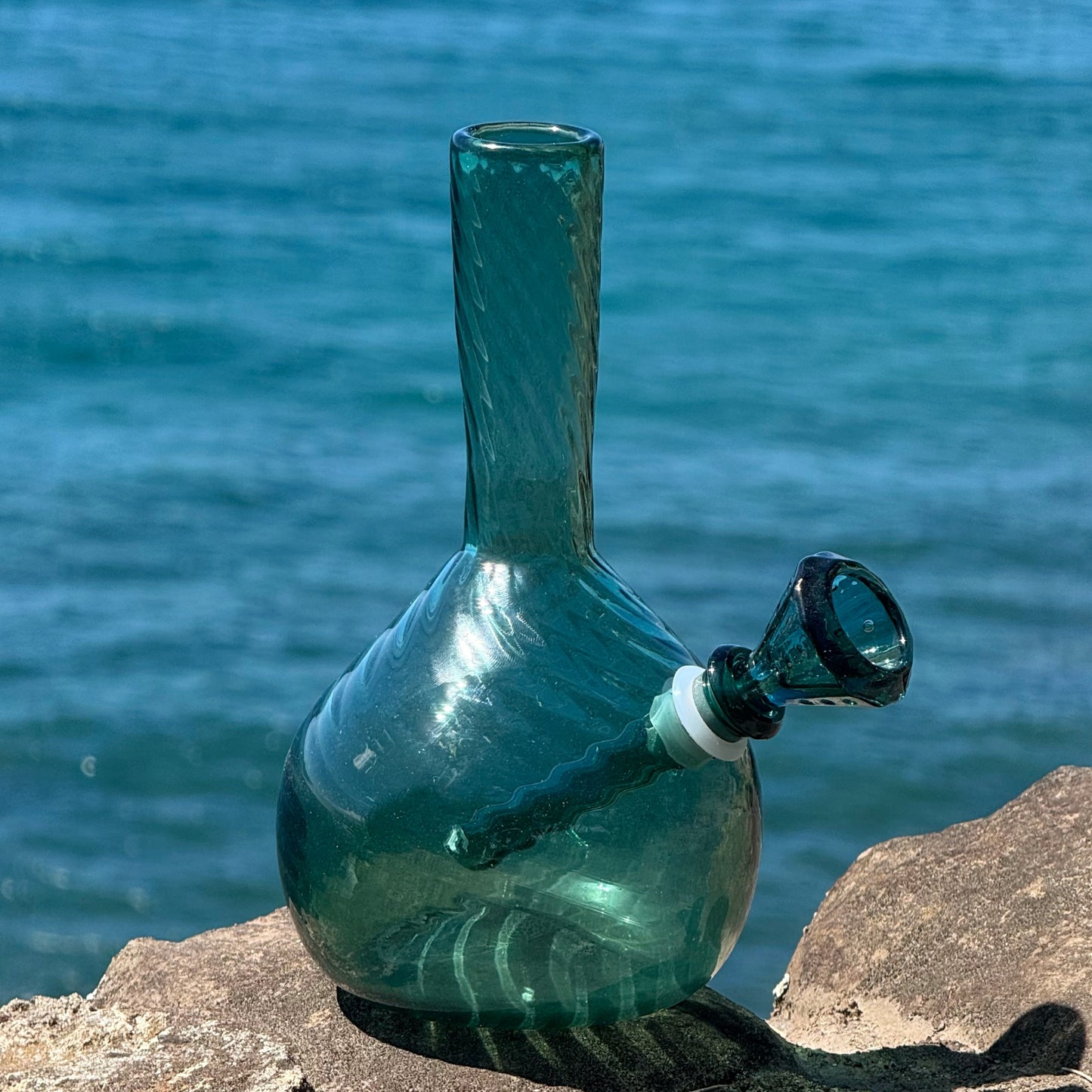 “Teal Totality” Vintage Handblown Teal Glass Swirl Vase Bong