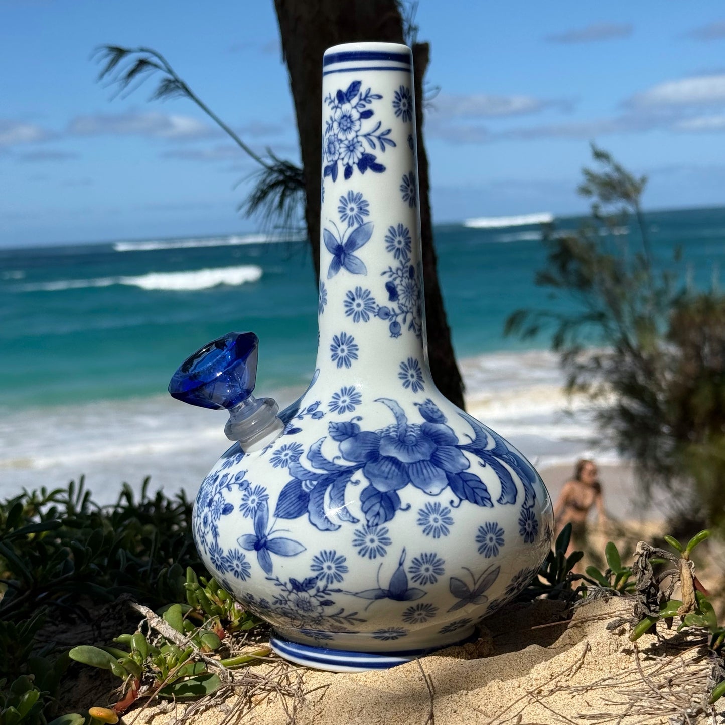 “Azure Ascension” Vintage Upcycled Porcelain Ceramic Vase Bong