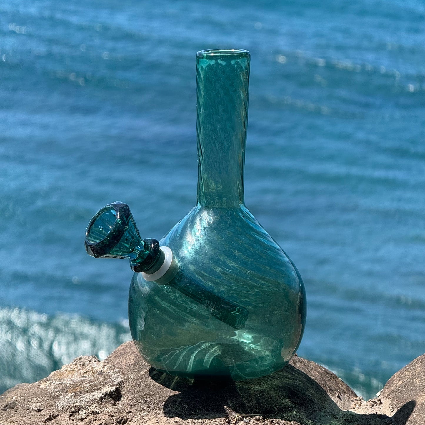 “Teal Totality” Vintage Handblown Teal Glass Swirl Vase Bong