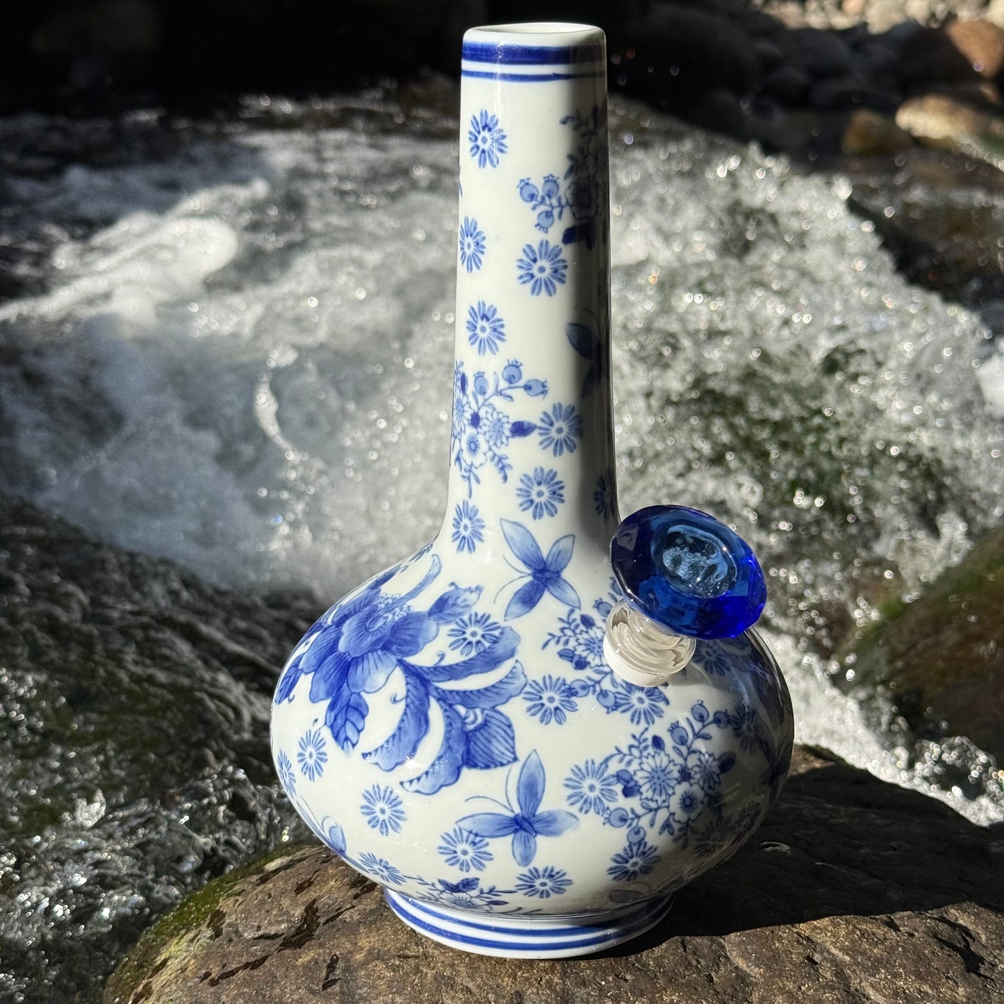 “Azure Ascension” Vintage Upcycled Porcelain Ceramic Vase Bong