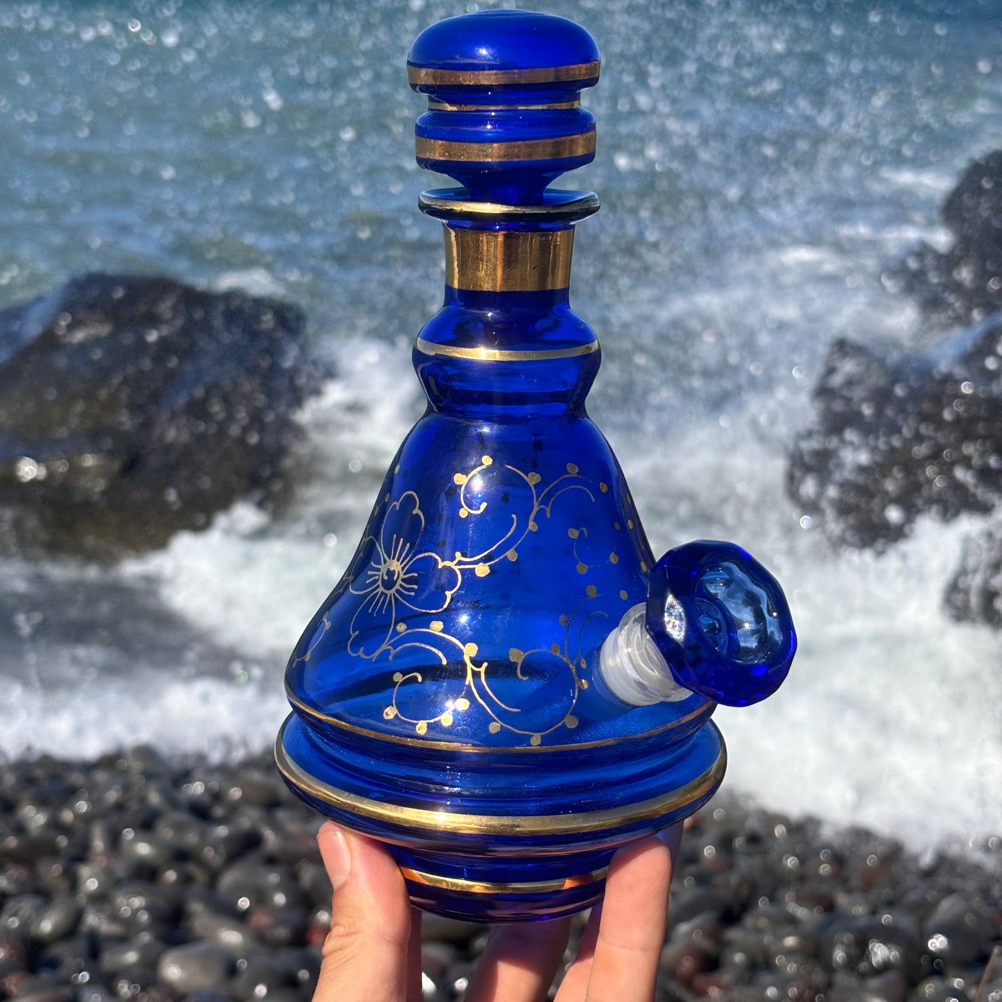 “Cobalt Luminescence” Vintage Handblown Gilded Cobalt Glass Bong