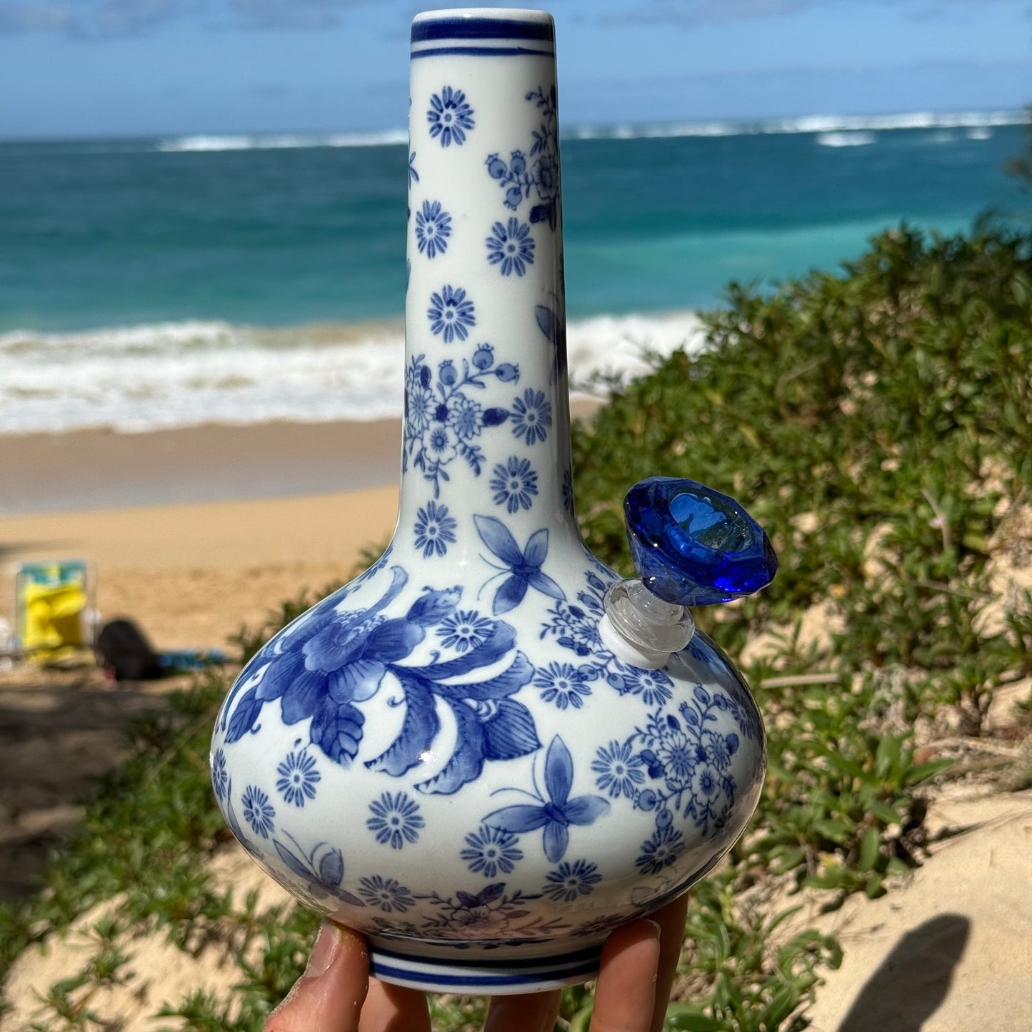 “Azure Ascension” Vintage Upcycled Porcelain Ceramic Vase Bong