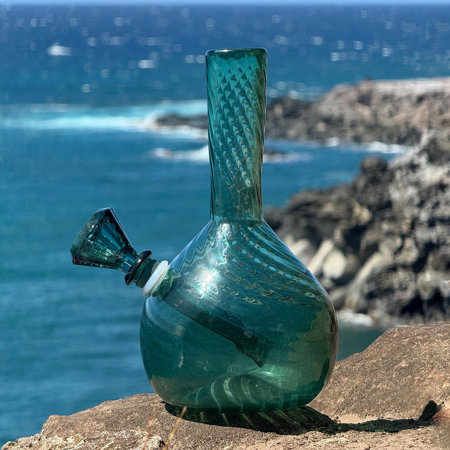 “Teal Totality” Vintage Handblown Teal Glass Swirl Vase Bong