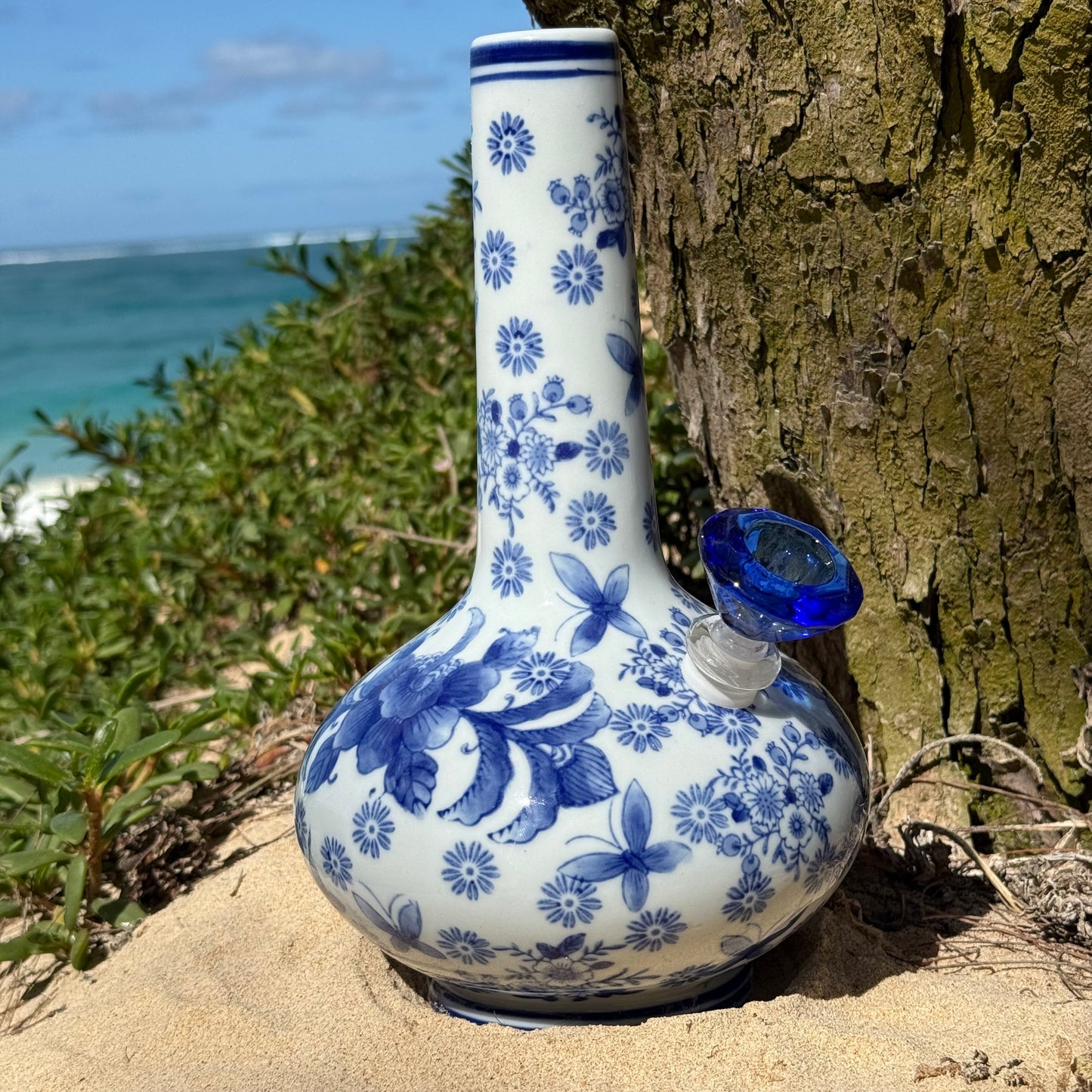 “Azure Ascension” Vintage Upcycled Porcelain Ceramic Vase Bong