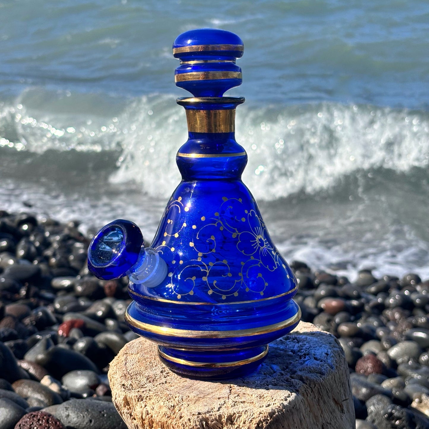 “Cobalt Luminescence” Vintage Handblown Gilded Cobalt Glass Bong