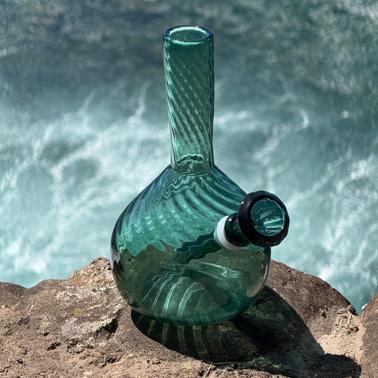 “Teal Totality” Vintage Handblown Teal Glass Swirl Vase Bong