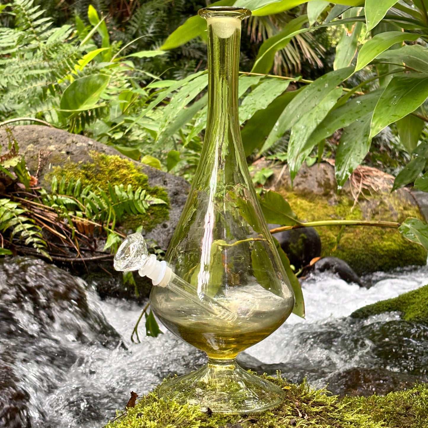 “Peridot Pedestal” Vintage Upcycled Handblown Glass Decanter Bong