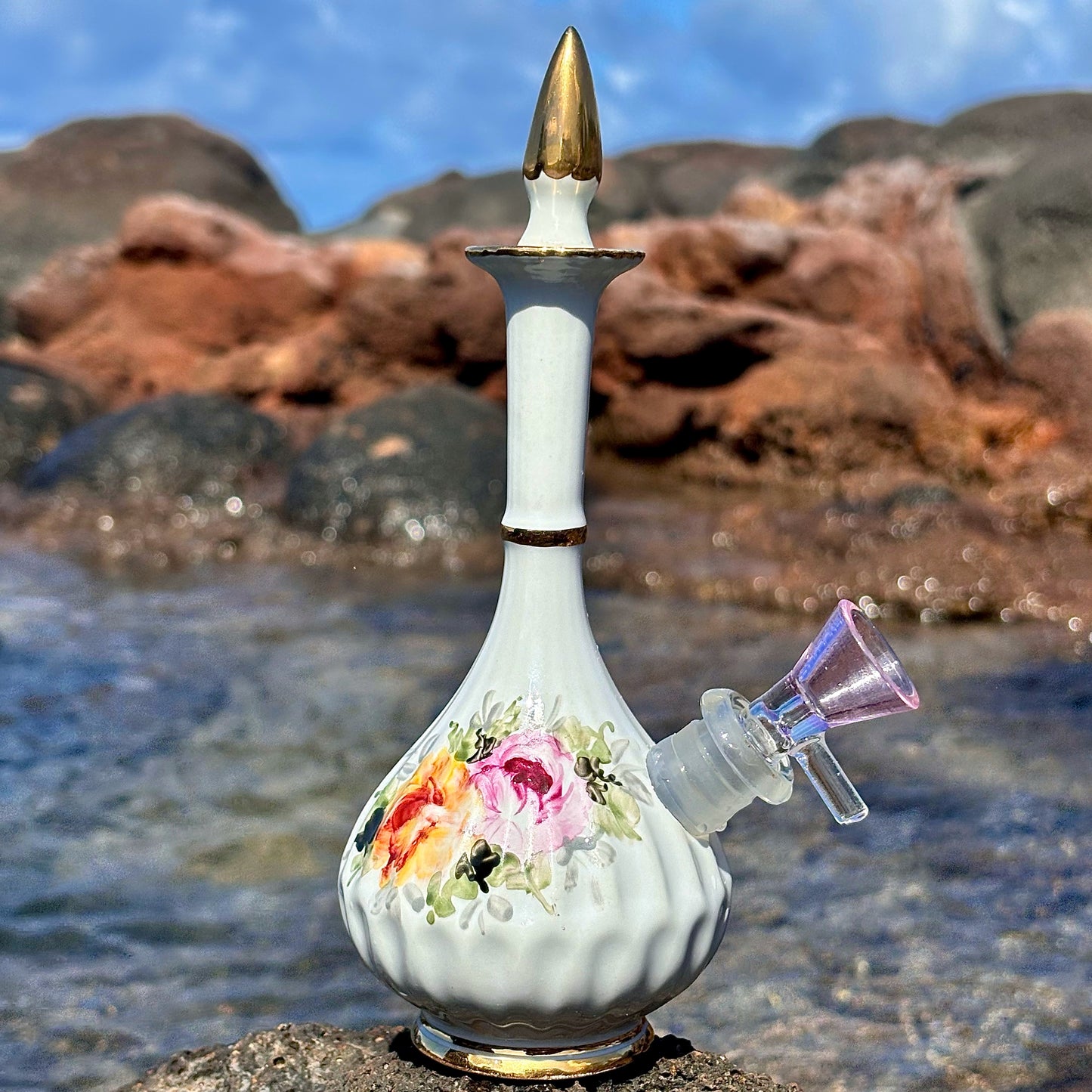 “Petite Pansy” Vintage Upcycled Ceramic Vase Bong with Gilded Details