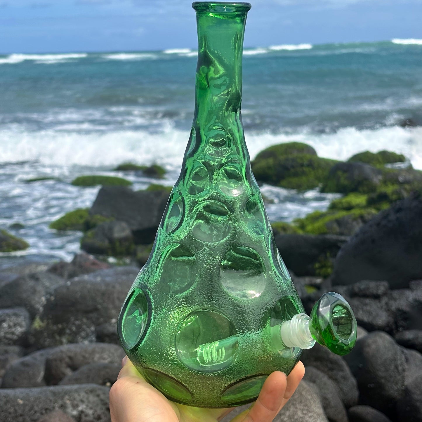 “Dimpled Decanter” Vintage Upcycled Emerald Glass Decanter Bong