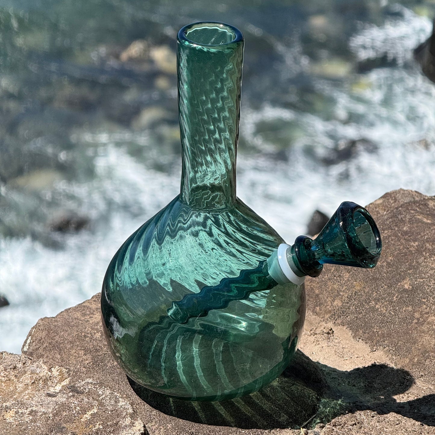 “Teal Totality” Vintage Handblown Teal Glass Swirl Vase Bong