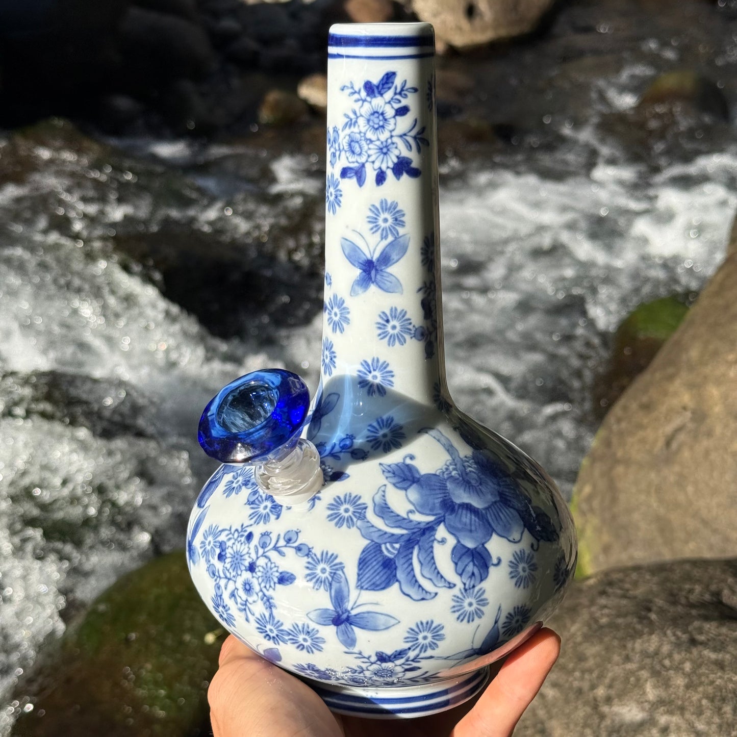 “Azure Ascension” Vintage Upcycled Porcelain Ceramic Vase Bong