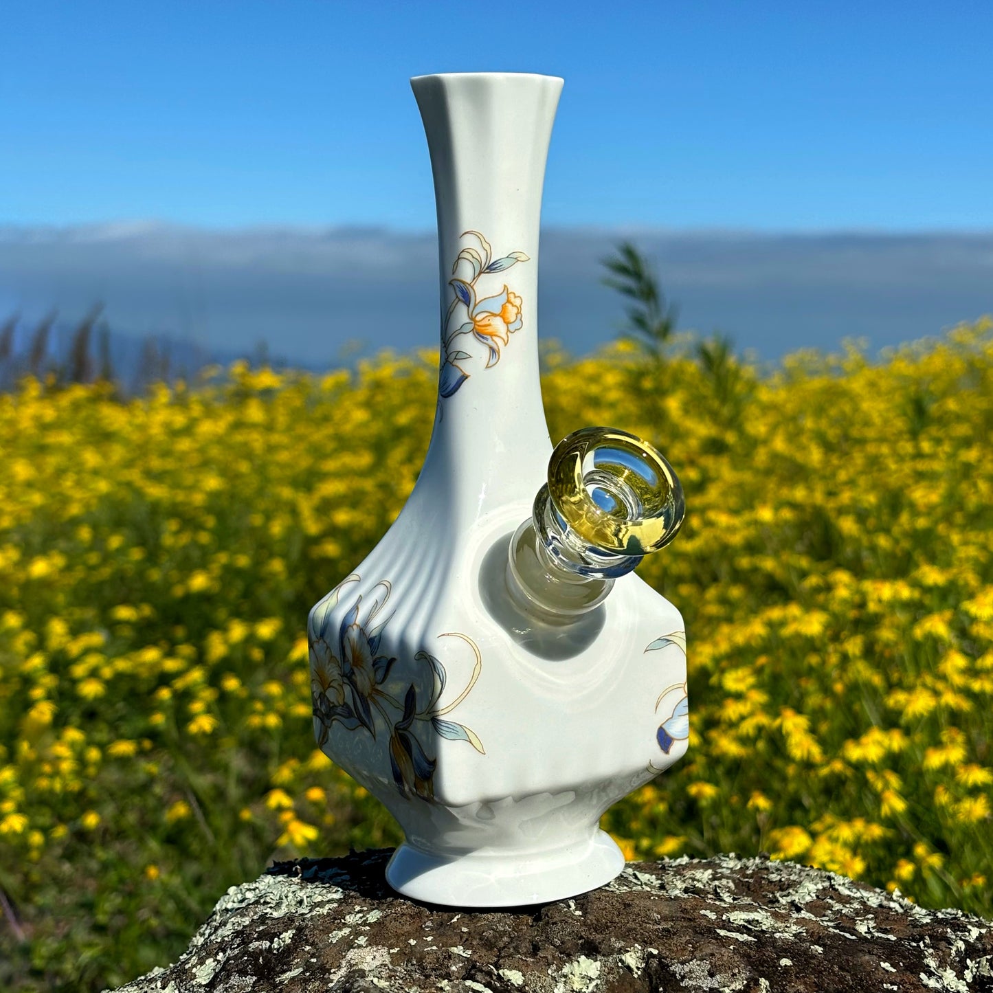 “Golden Orchid" Vintage China Upcycled Vase Bong with Gilded Details