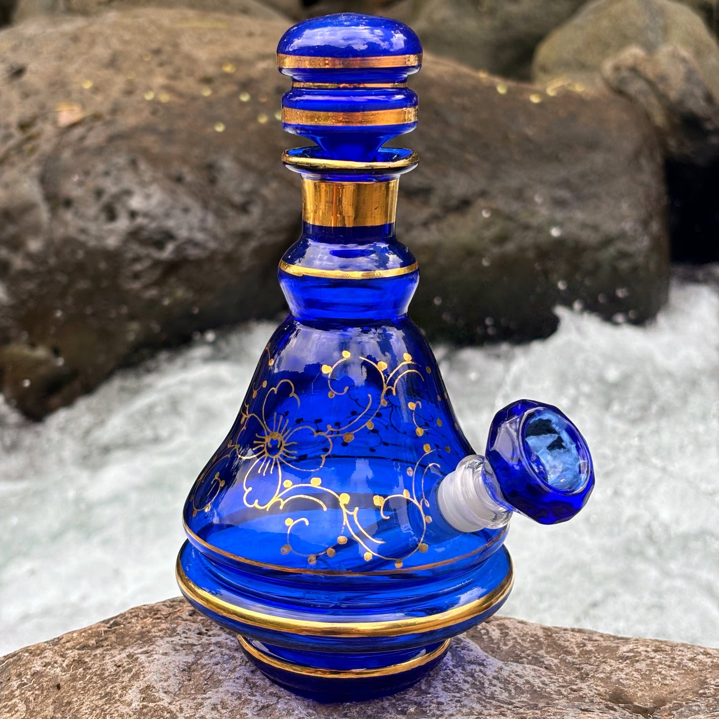 “Cobalt Luminescence” Vintage Handblown Gilded Cobalt Glass Bong