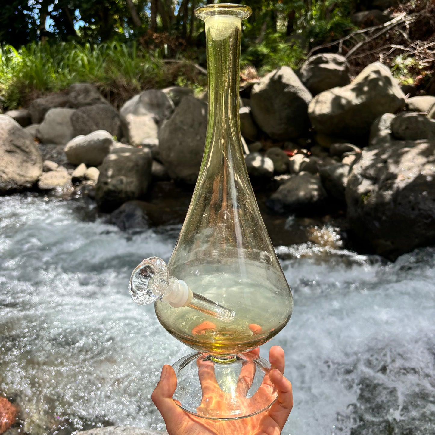 “Peridot Pedestal” Vintage Upcycled Handblown Glass Decanter Bong