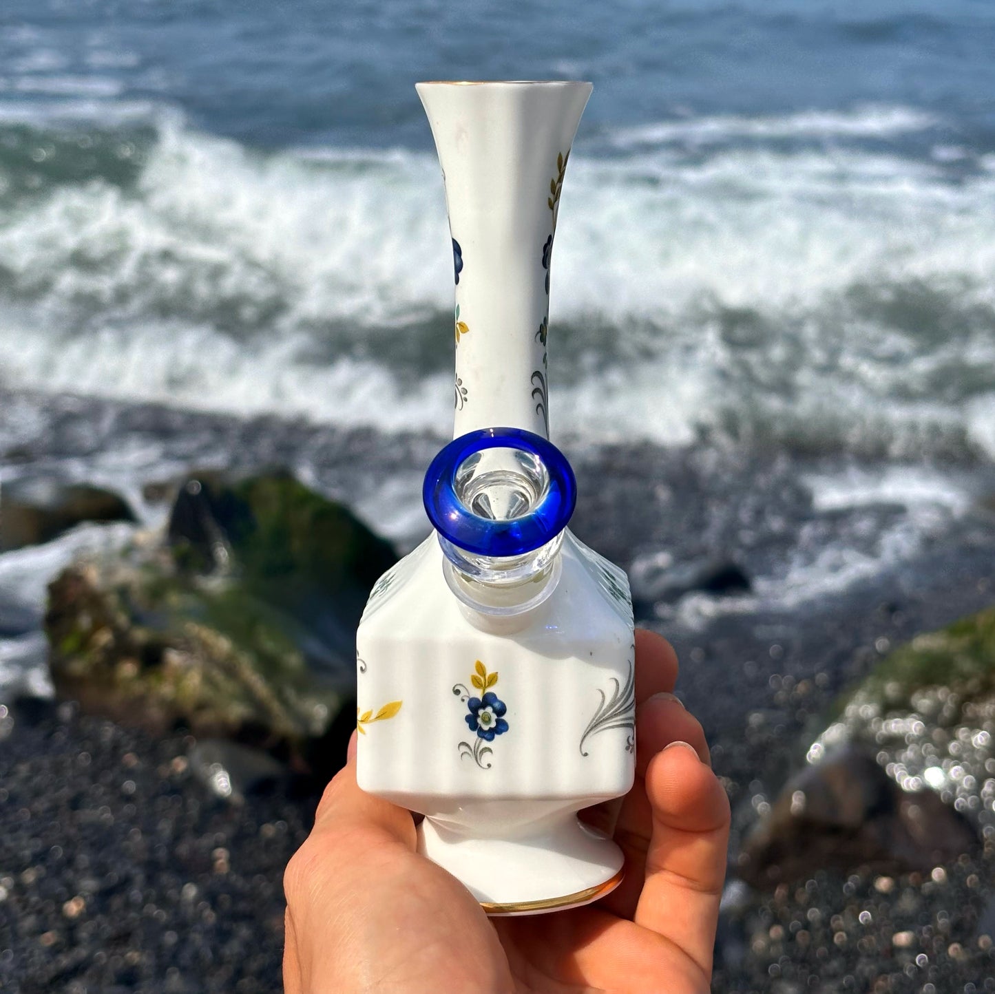 "Cobalt Cornflower" Vintage China Upcycled Vase Bong with Gilded Details