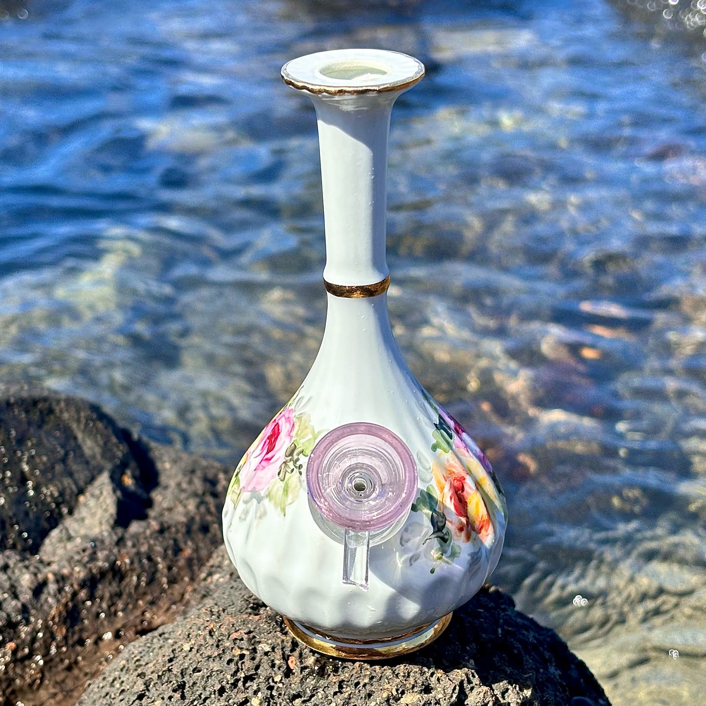 “Petite Pansy” Vintage Upcycled Ceramic Vase Bong with Gilded Details