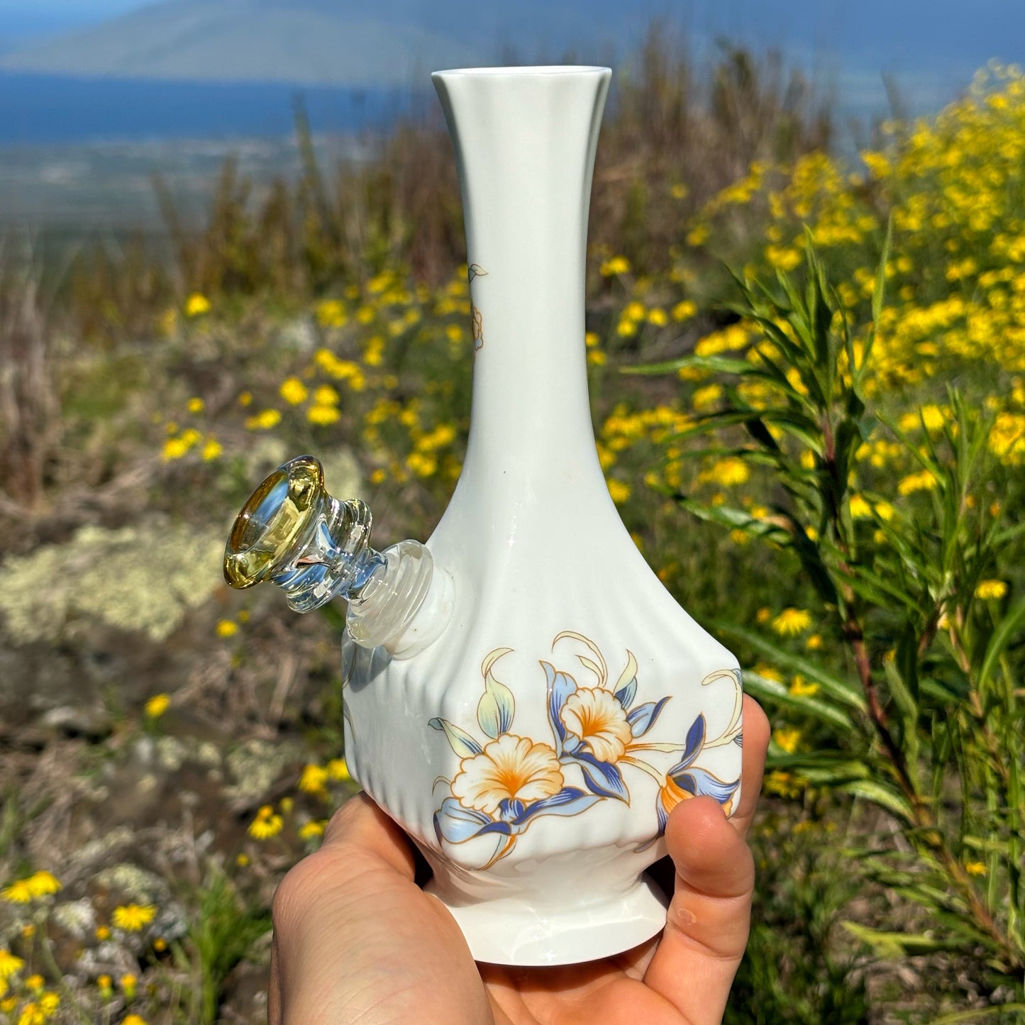 “Golden Orchid" Vintage China Upcycled Vase Bong with Gilded Details