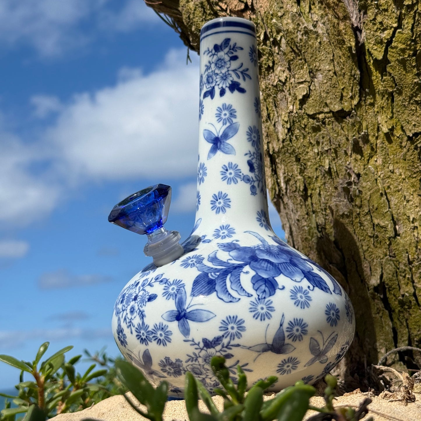 “Azure Ascension” Vintage Upcycled Porcelain Ceramic Vase Bong