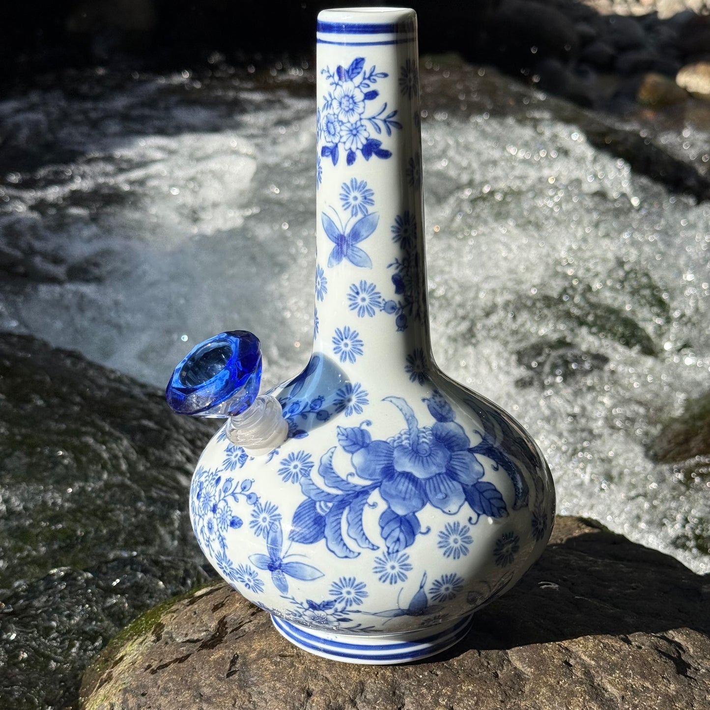 “Azure Ascension” Vintage Upcycled Porcelain Ceramic Vase Bong