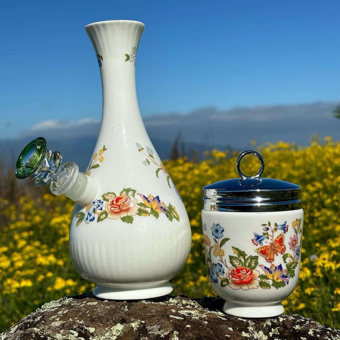 “Symphony Set" Vintage Upcycled Ceramic Bong with Matching Stash Jar