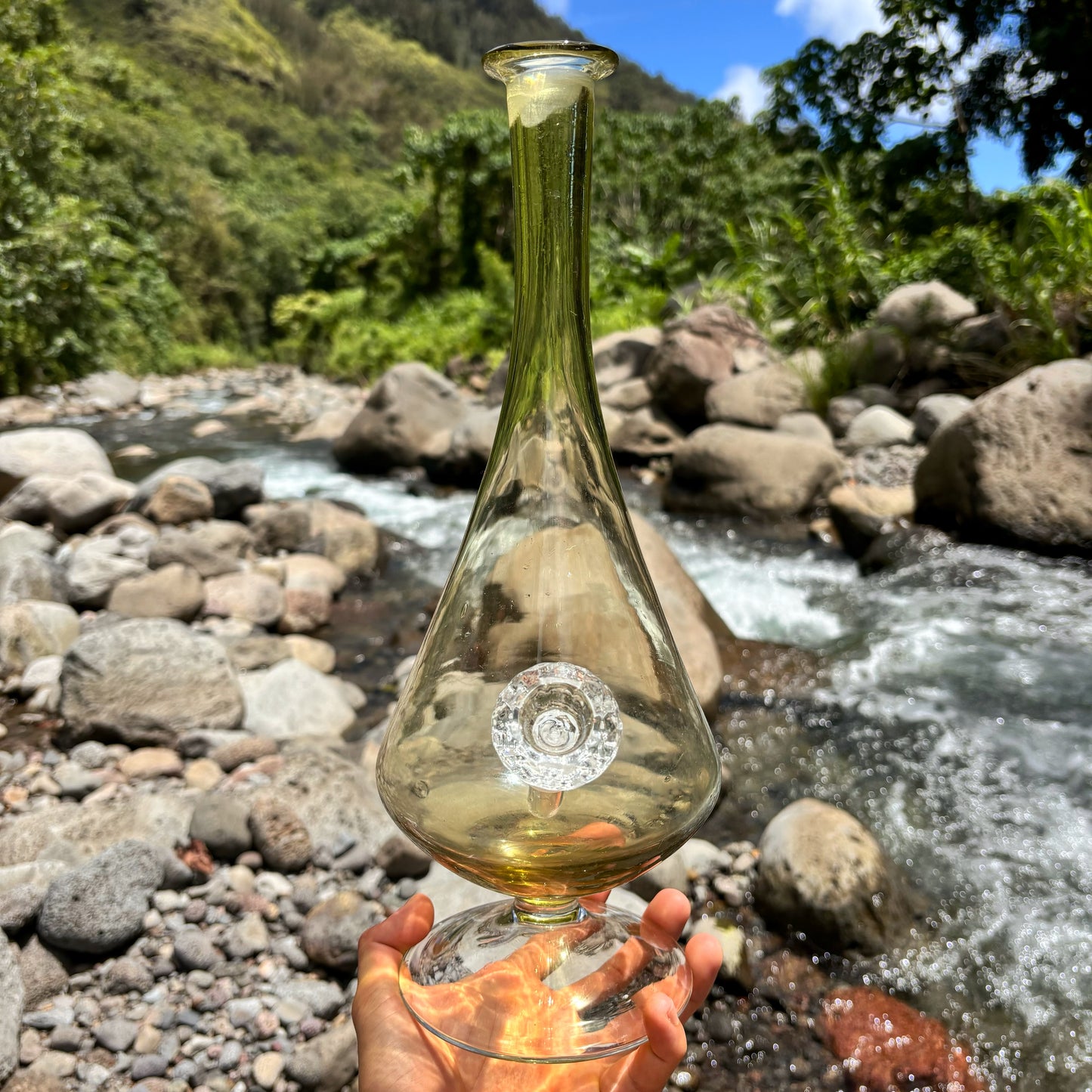 “Peridot Pedestal” Vintage Upcycled Handblown Glass Decanter Bong