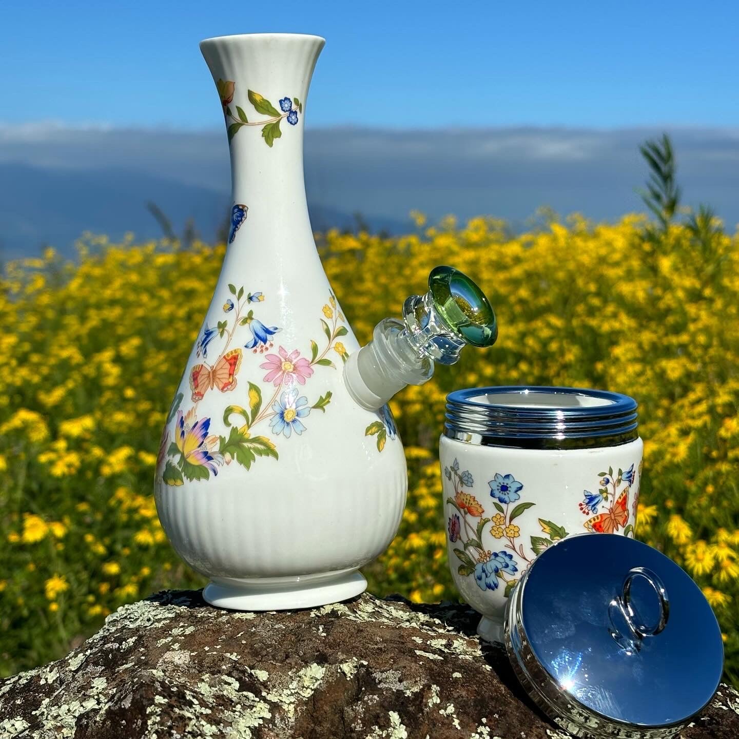 “Symphony Set" Vintage Upcycled Ceramic Bong with Matching Stash Jar