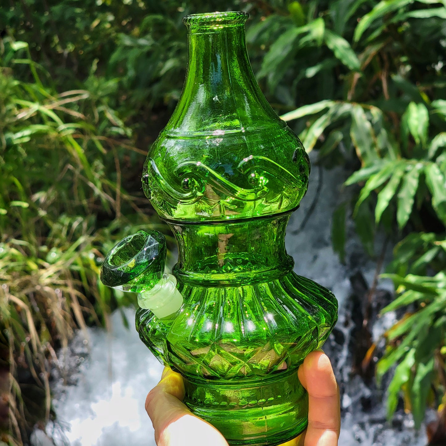 "Emerald Eccentricity" Vintage Upcycled Pressed Glass Bottle Bong