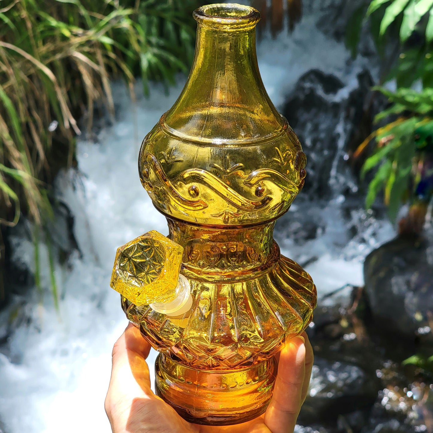 "Citrine Eccentricity" Vintage Upcycled Pressed Glass Bottle Bong