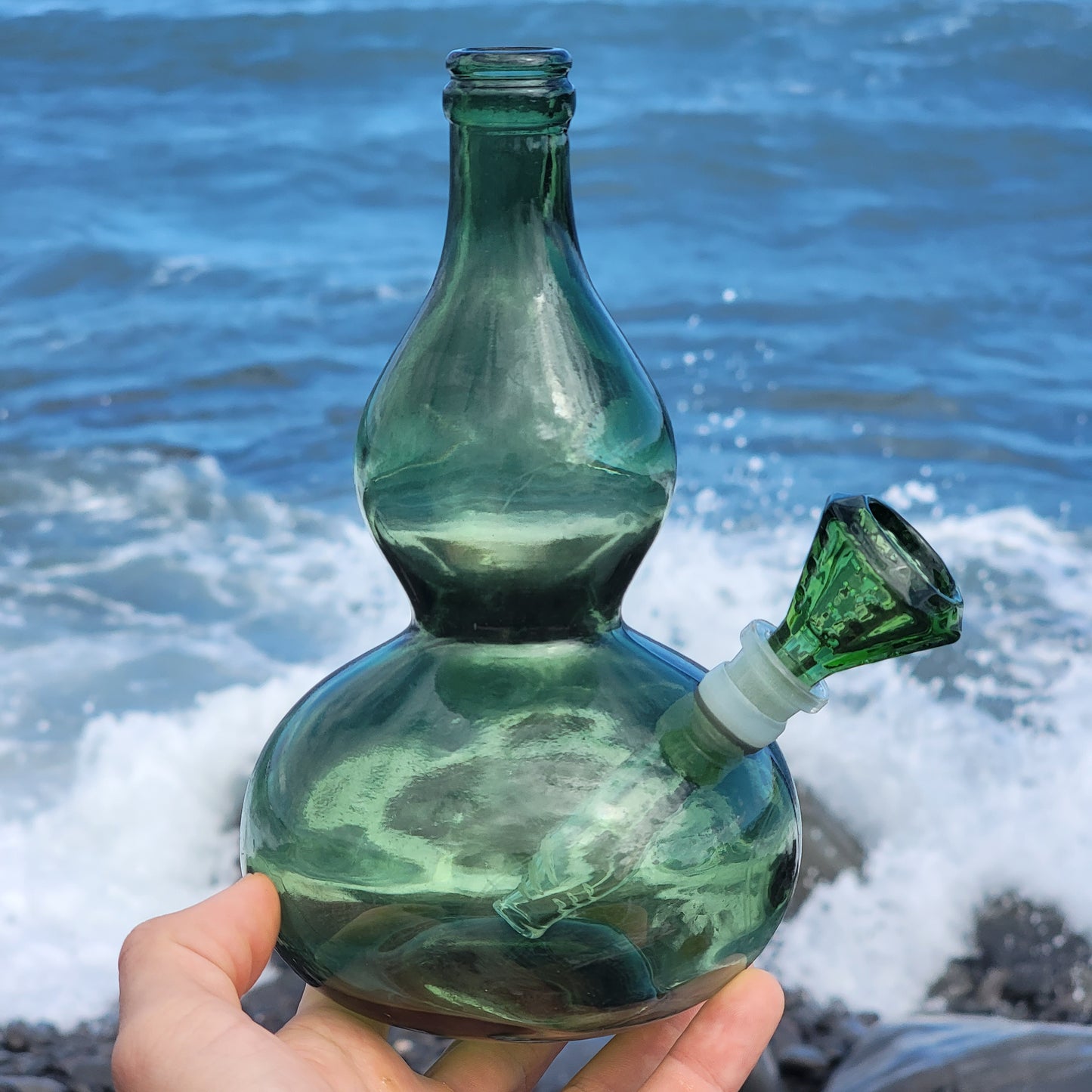 "Voluptuous Verdancy" Vintage Green Glass Gourd Bong