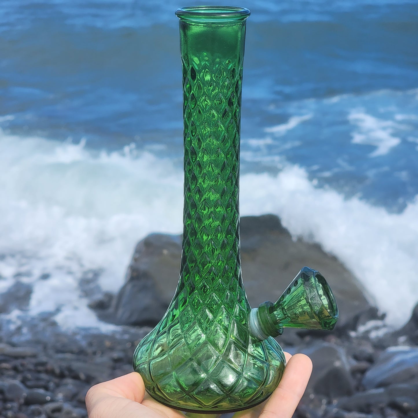 "Emerald Explosion" Vintage Upcycled Emerald Glass Vase Bong